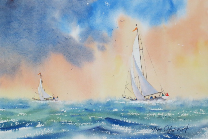 seascape, ocean, sea, storm, boat, sailboat, yacht, original watercolor painting, oberst